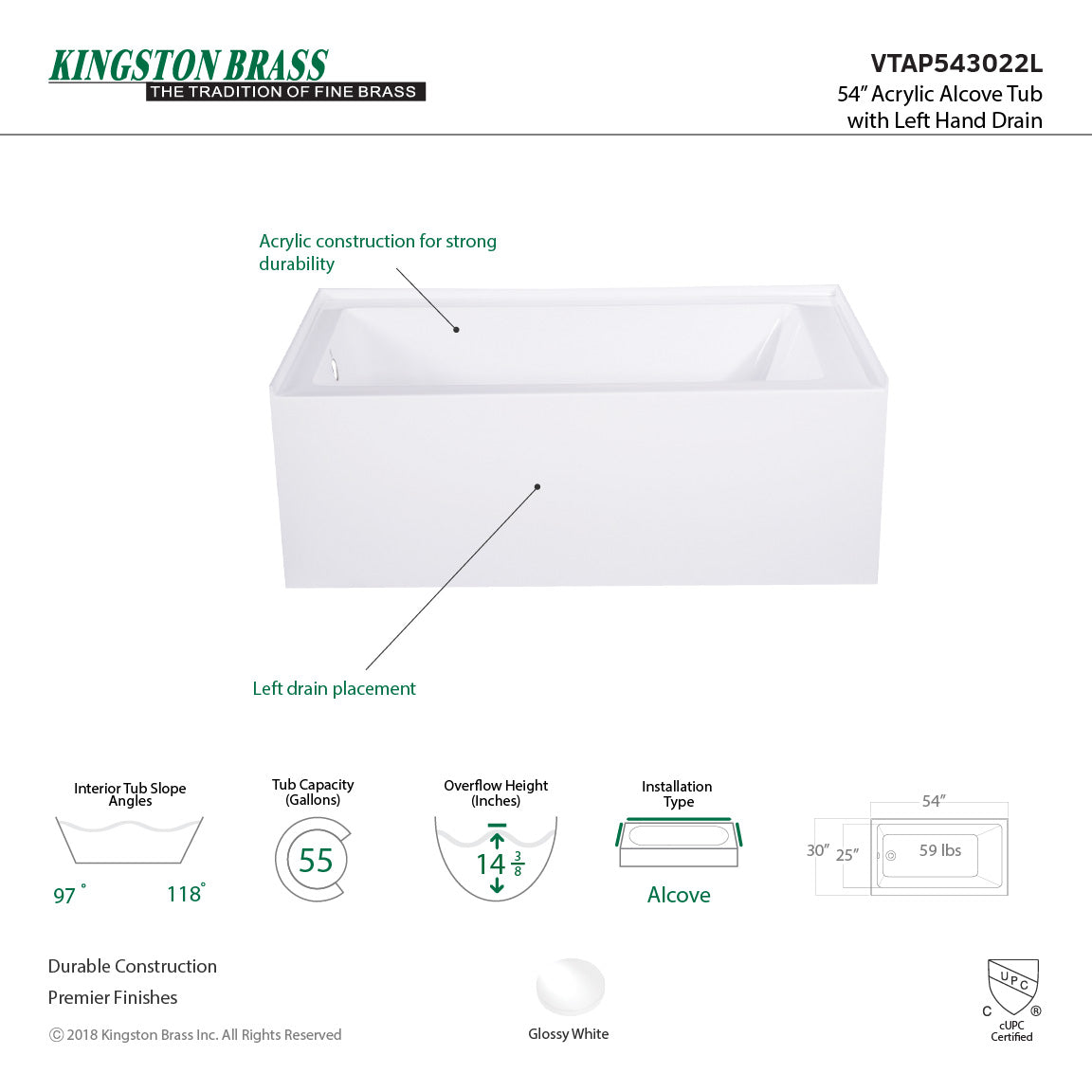 Aqua Eden VTAP543022L Alcove Bath Tub 54 X 30 X 21 5/8 - BNGBath