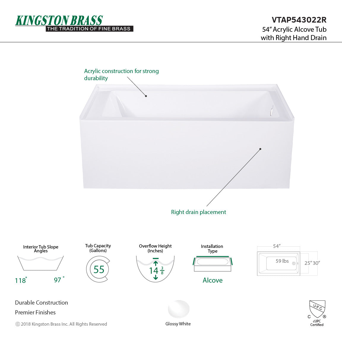 Aqua Eden VTAP543022L Alcove Bath Tub 54 X 30 X 21 5/8 - BNGBath