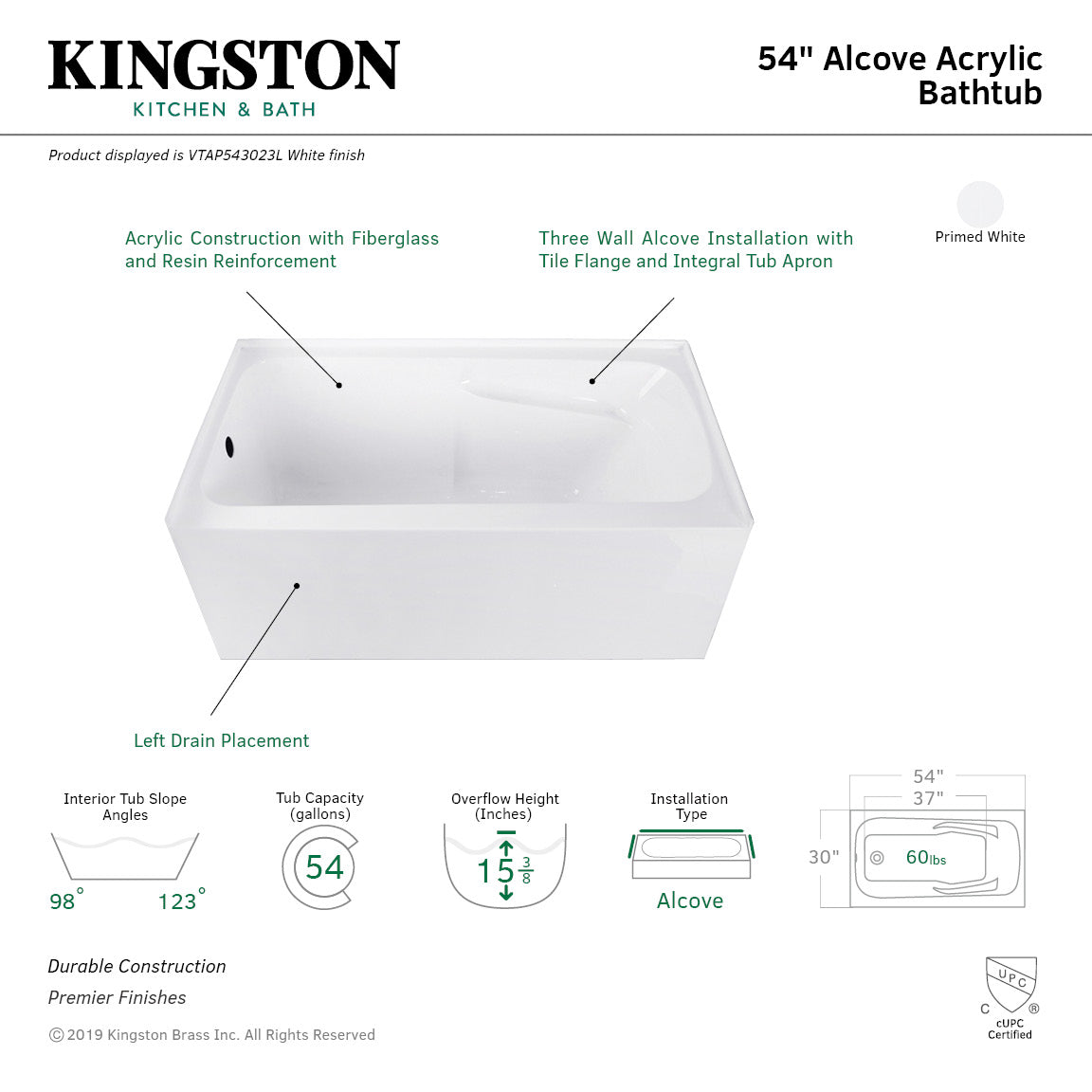 Aqua Eden VTAP543023R 54 x 30 x 22 Acrylic Alcove Bathtub w/Arm Rest - BNGBath