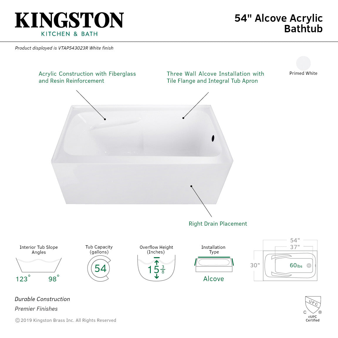 Aqua Eden VTAP543023R 54 x 30 x 22 Acrylic Alcove Bathtub w/Arm Rest - BNGBath