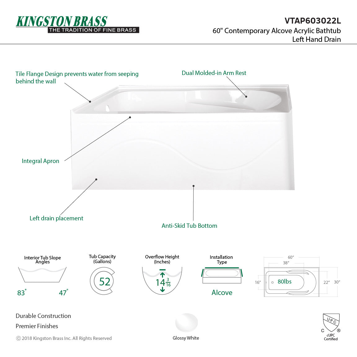 Aqua Eden VTAP603022L Alcove Bathtub 60 x 30 x 22 - BNGBath