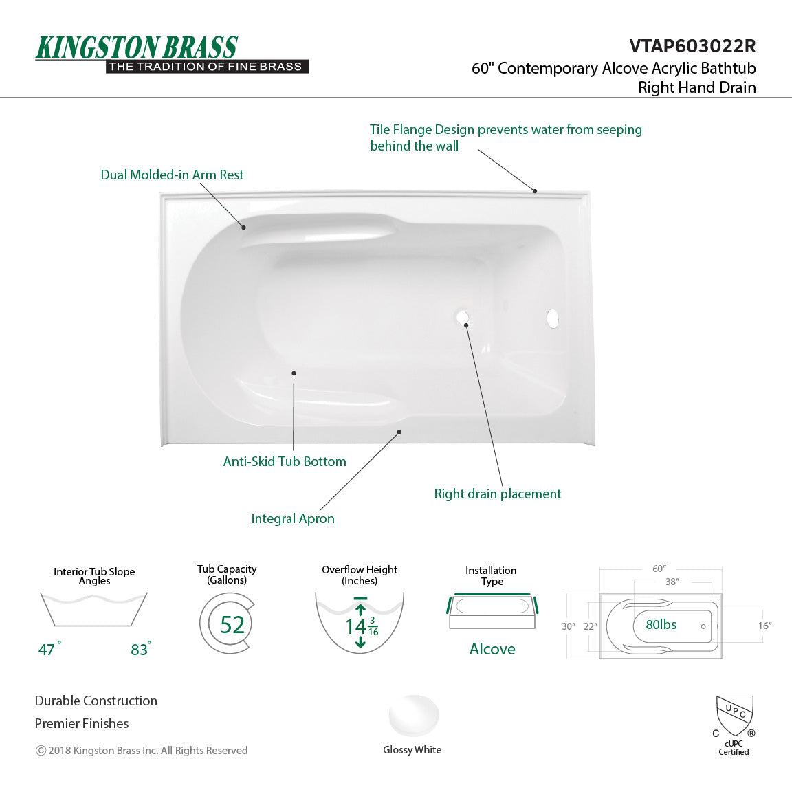 Aqua Eden VTAP603022L Alcove Bathtub 60 x 30 x 22 - BNGBath