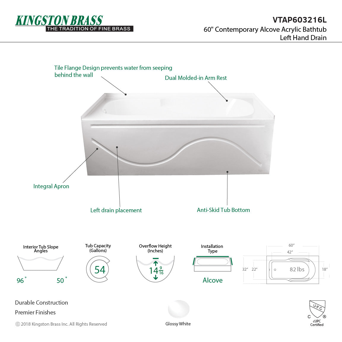 Aqua Eden VTAP603216L Alcove BathTub 59-13/16 in. L x 32 in. W x 20-1/4 in. H - BNGBath