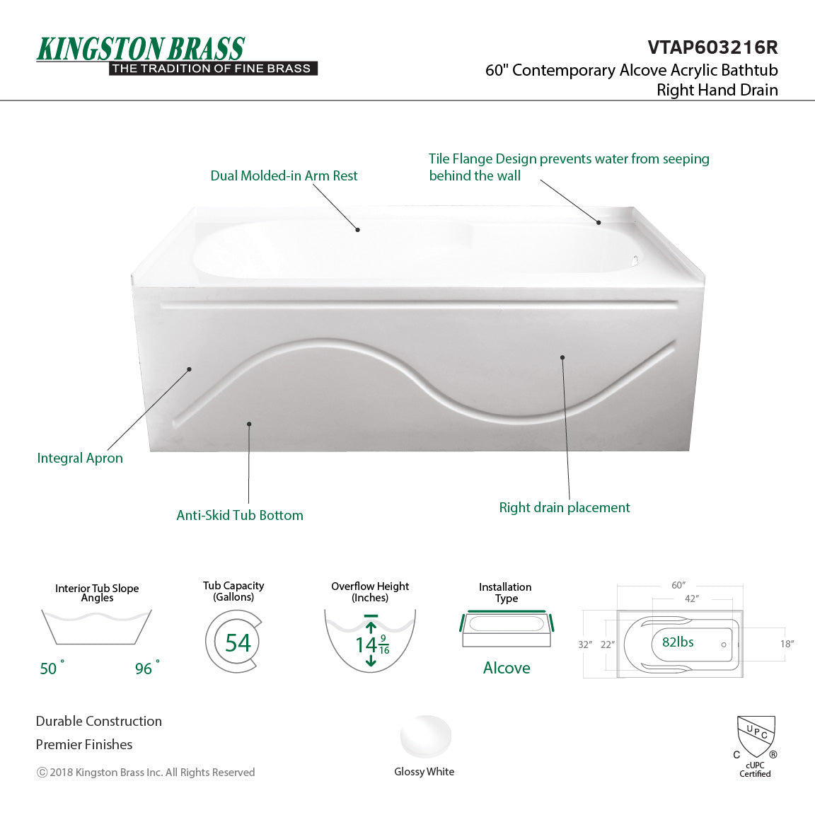 Aqua Eden VTAP603216L Alcove BathTub 59-13/16 in. L x 32 in. W x 20-1/4 in. H - BNGBath