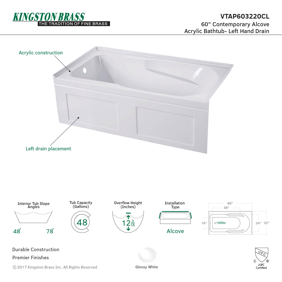 Aqua Eden VTAP603220CL Alcove Bathtub 60 in. L x 32 in. W x 20-1/2 in. H - BNGBath