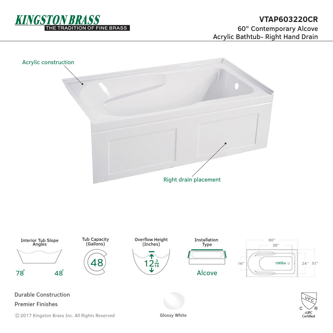 Aqua Eden VTAP603220CL Alcove Bathtub 60 in. L x 32 in. W x 20-1/2 in. H - BNGBath