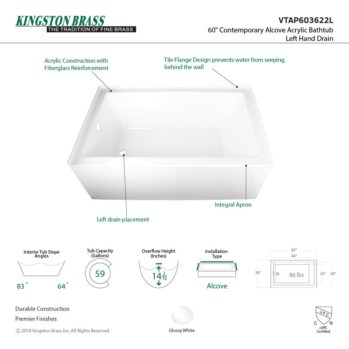 Aqua Eden VTAP603622L Alcove Bathtub (L)60"x (W)36" x (H)21-5/8" - BNGBath