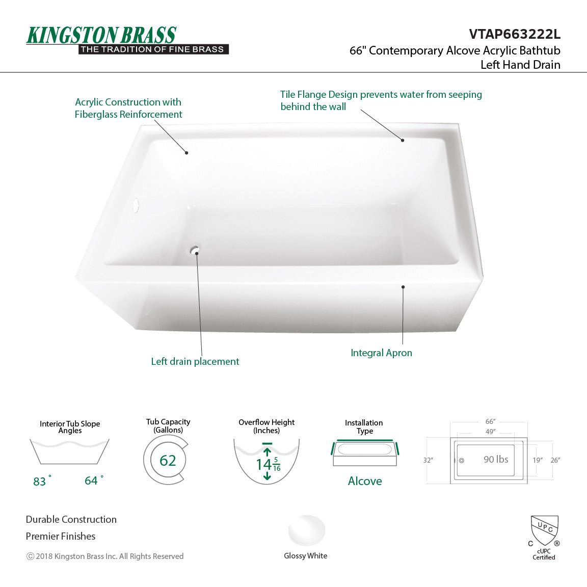 Aqua Eden VTAP663222L Alcove Bathtub (L)66"x (W)32" x (H)20-1/2" - BNGBath