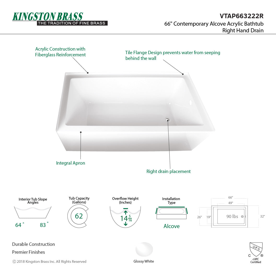 Aqua Eden VTAP663222L Alcove Bathtub (L)66"x (W)32" x (H)20-1/2" - BNGBath