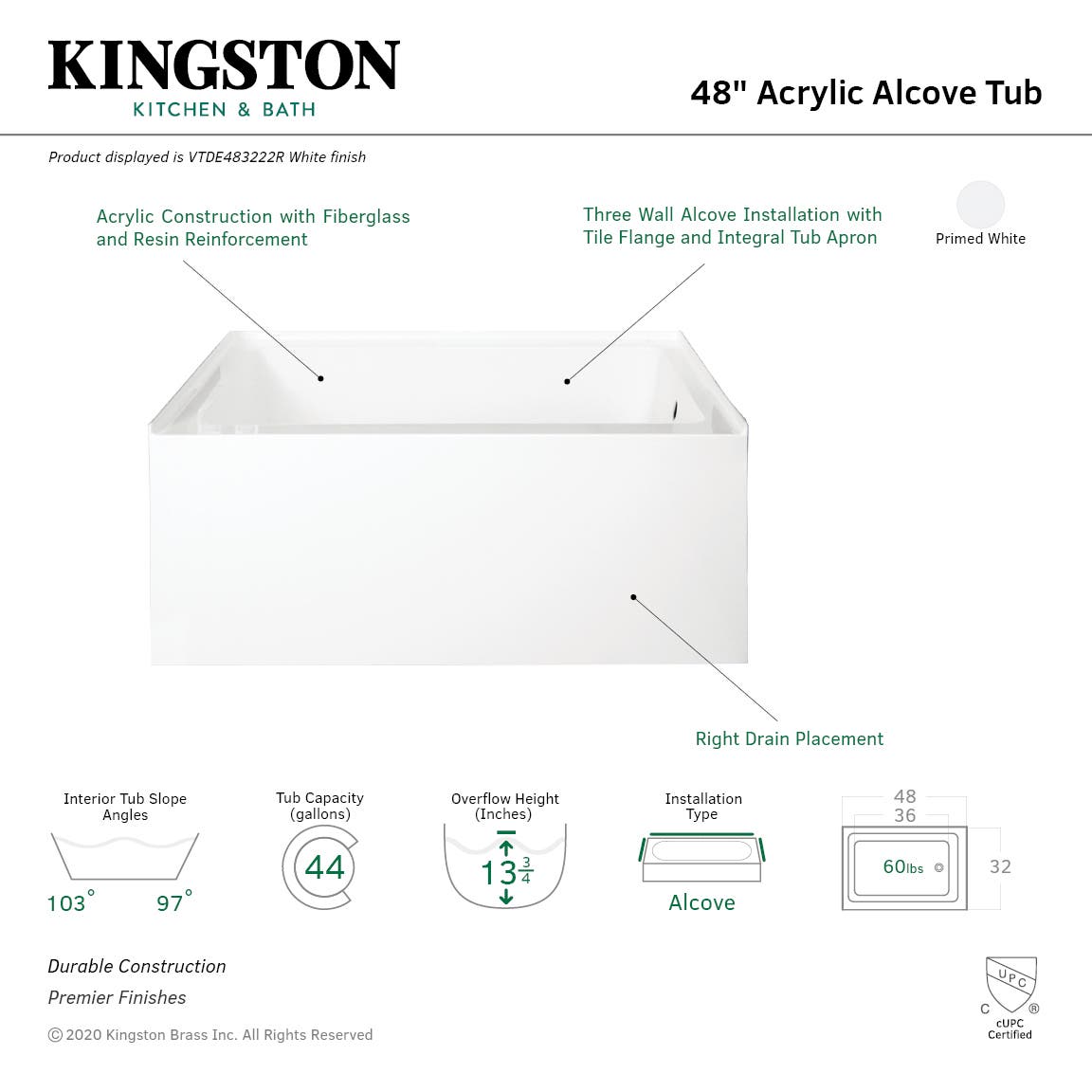 Ambry 48-Inch Acrylic Alcove Tub - BNGBath