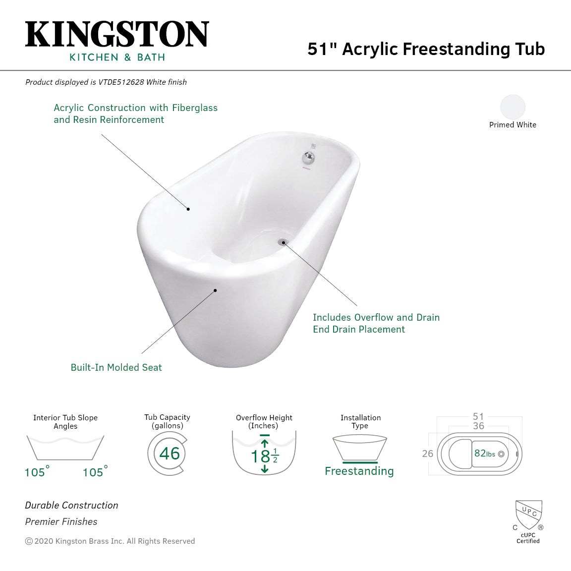 51-Inch Acrylic Freestanding Tub With Seat In White - BNGBath