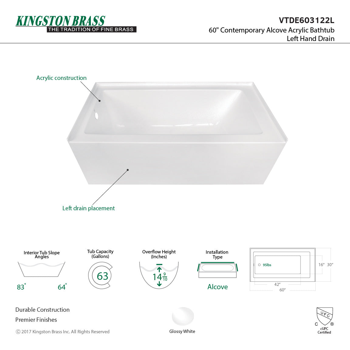 Aqua Eden VTDE603122X-P 60-INCH Acrylic Regular Alcove Tub - BNGBath