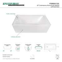 Thumbnail for Aqua Eden VTDE603122X-P 60-INCH Acrylic Regular Alcove Tub - BNGBath