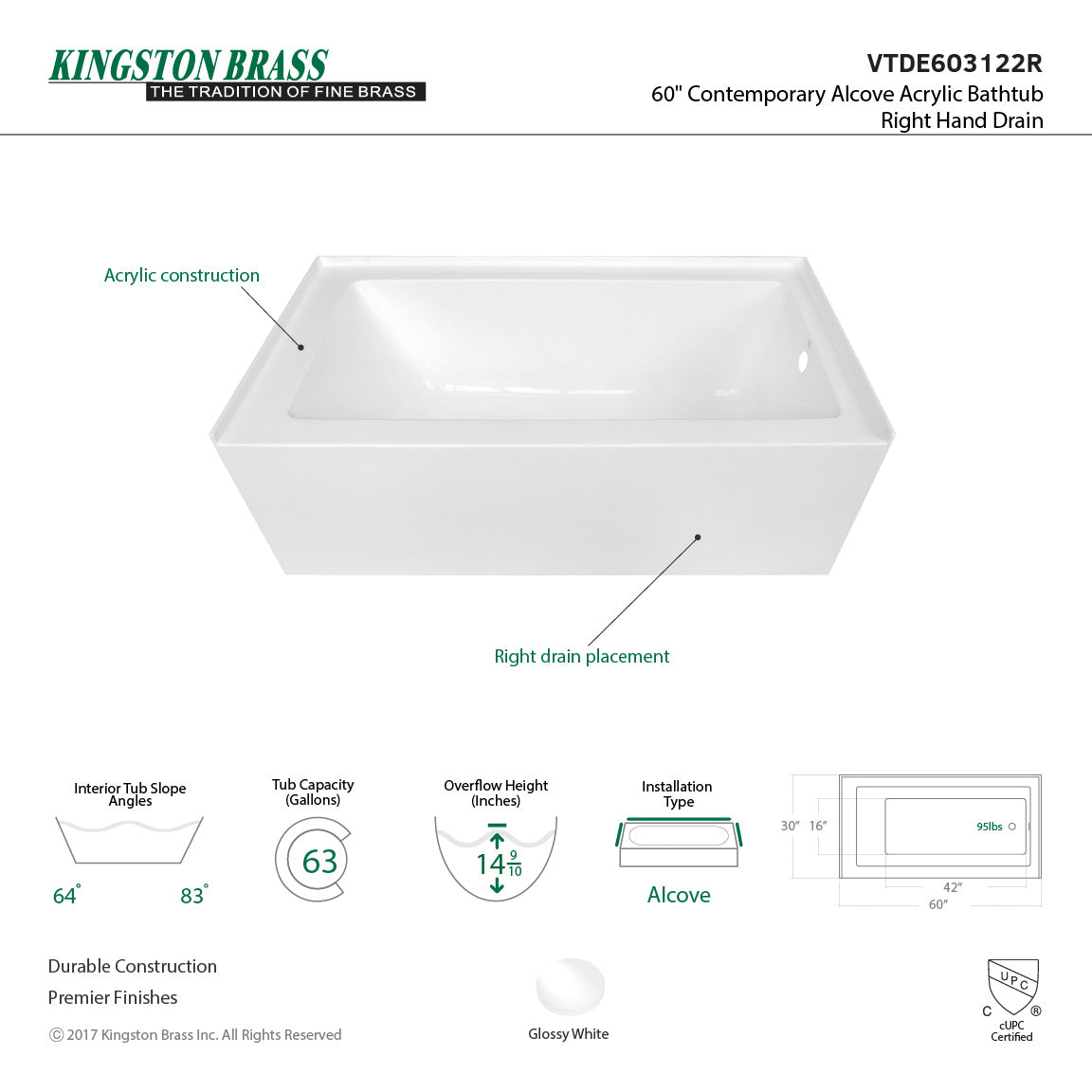 Aqua Eden VTDE603122X-P 60-INCH Acrylic Regular Alcove Tub - BNGBath