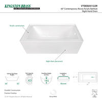 Thumbnail for Aqua Eden VTDE603122X-P 60-INCH Acrylic Regular Alcove Tub - BNGBath