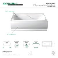 Thumbnail for Aqua Eden  VTDE603221X-P 60x32x21 Acrylic Alcove Bathtub - BNGBath