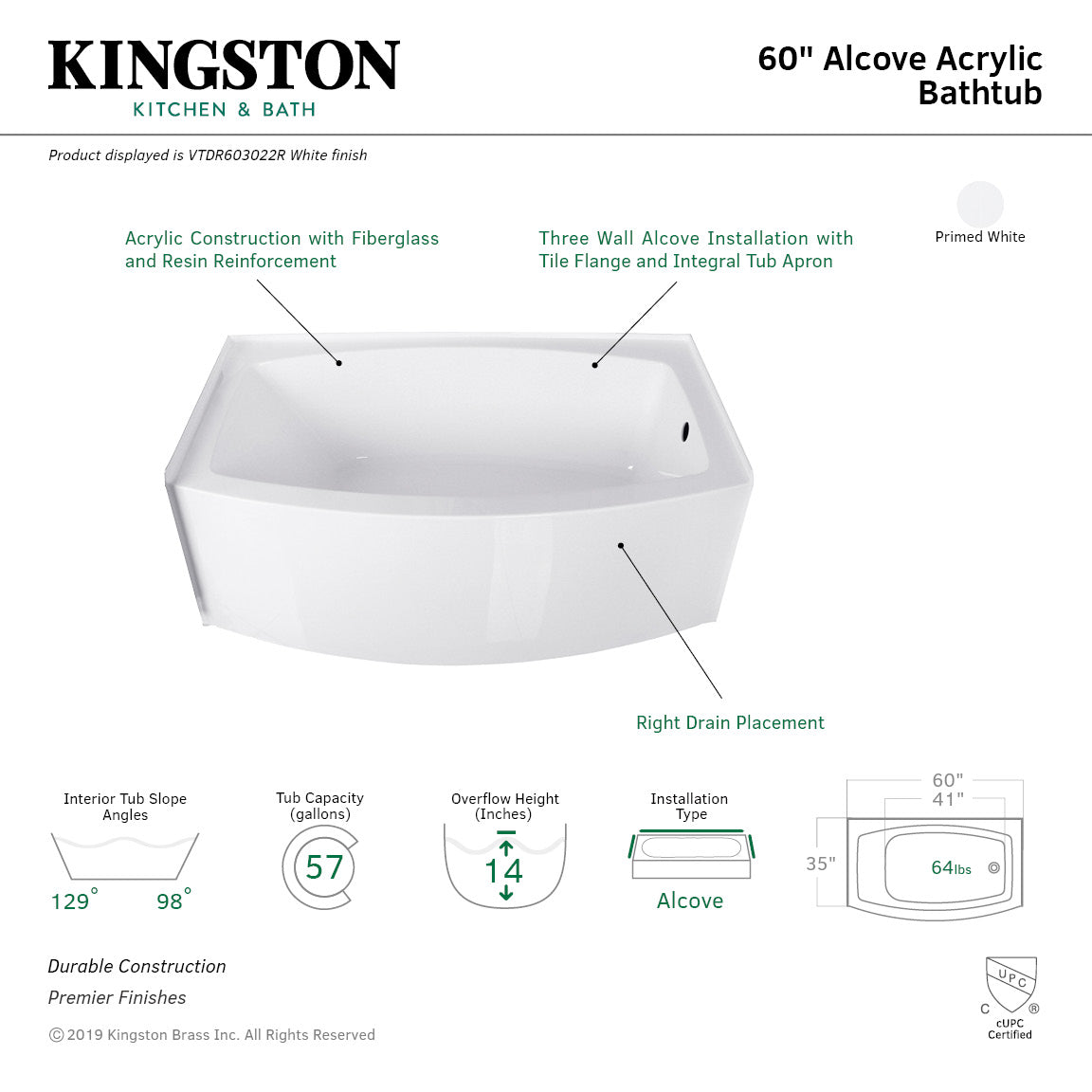 Aqua Eden VTDR603022L Inflection Alcove Bathtub  (L)60" x (W)35" x (H)21-5/8" - BNGBath