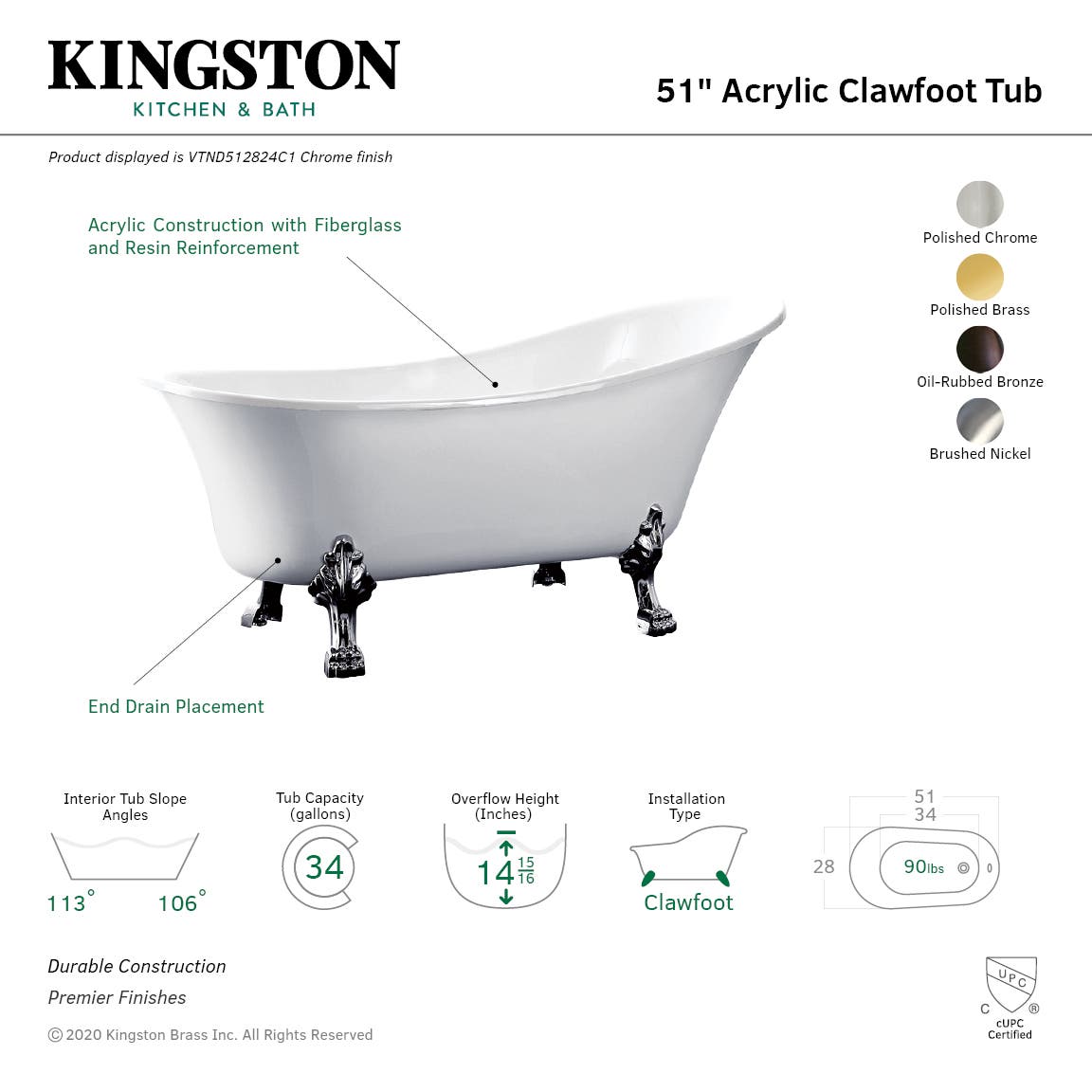 51-Inch Acrylic Single Slipper Clawfoot Tub (No Faucet Drillings) - BNGBath