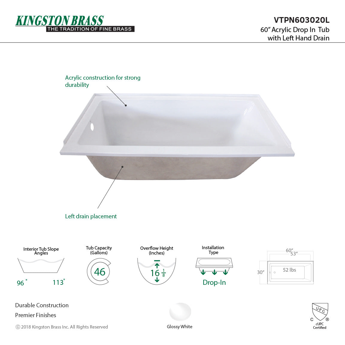 60 x 30-inch Acrylic Rectangular Drop In Tub - BNGBath