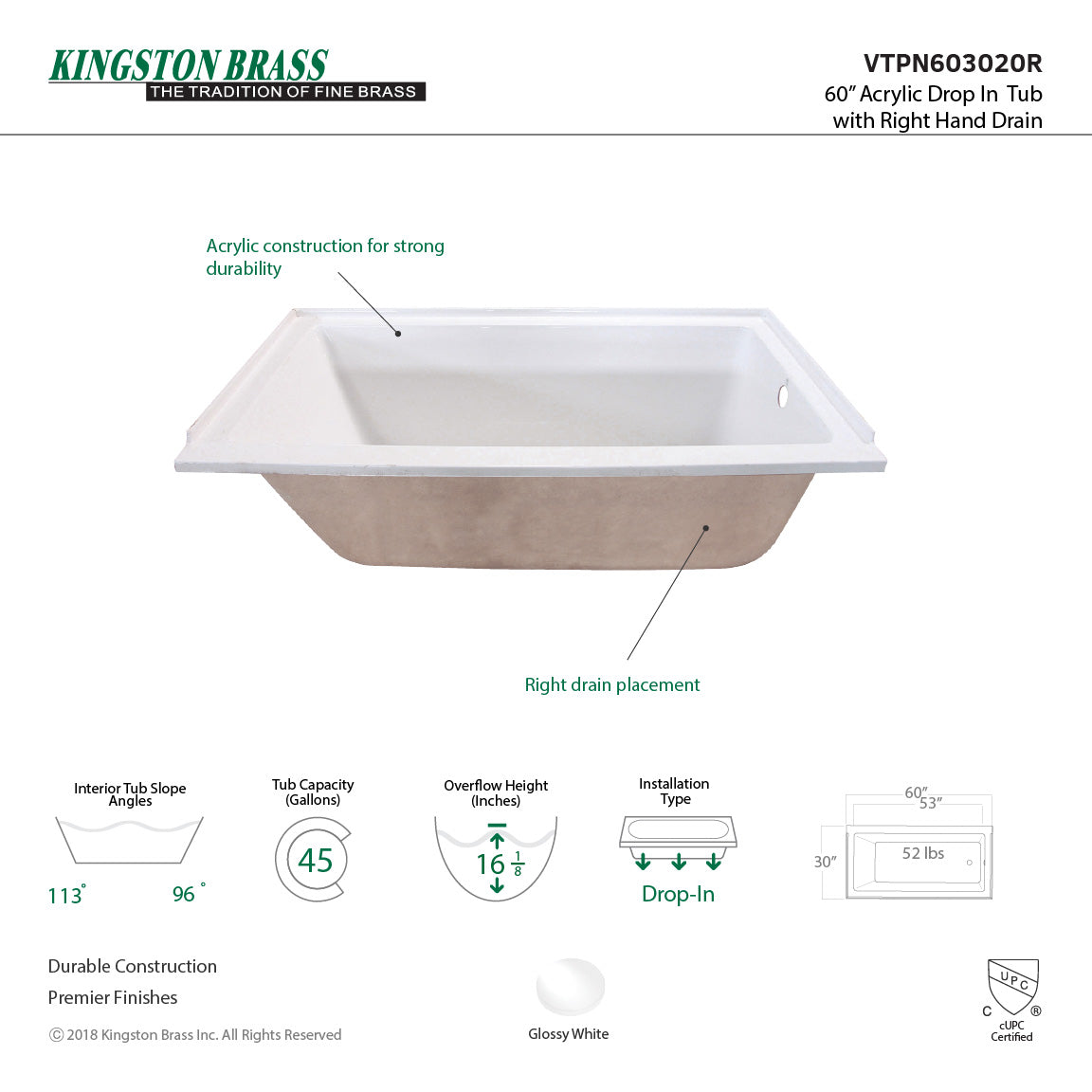 60 x 30-inch Acrylic Rectangular Drop In Tub - BNGBath