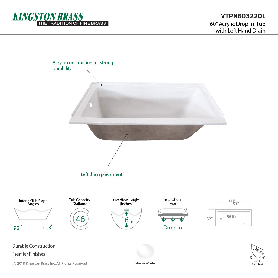 60 x 32-Inch Acrylic Rectangular Drop In Tub - BNGBath