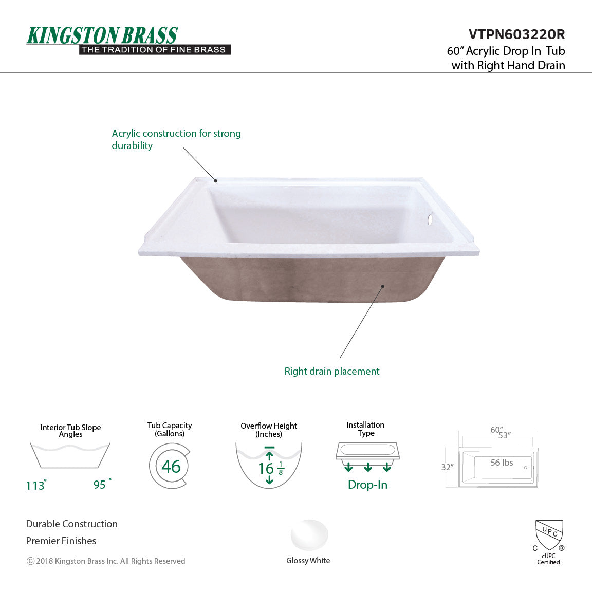 60 x 32-Inch Acrylic Rectangular Drop In Tub - BNGBath