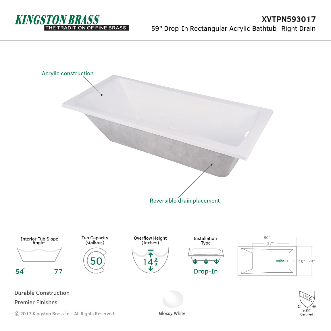 59" Acrylic Drop in Tub with Reversible Drain - BNGBath