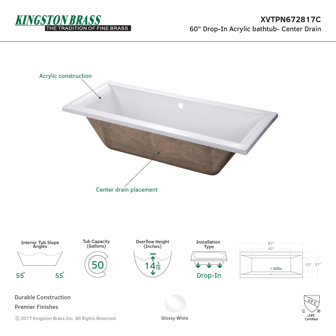 67 In Acrylic Drop-in Tub With Reversible Drain - BNGBath