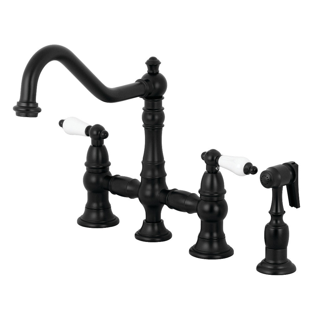 Kingston Brass KS3270PLBS Restoration 8" Bridge Kitchen Faucet with Sprayer, Matte Black - BNGBath