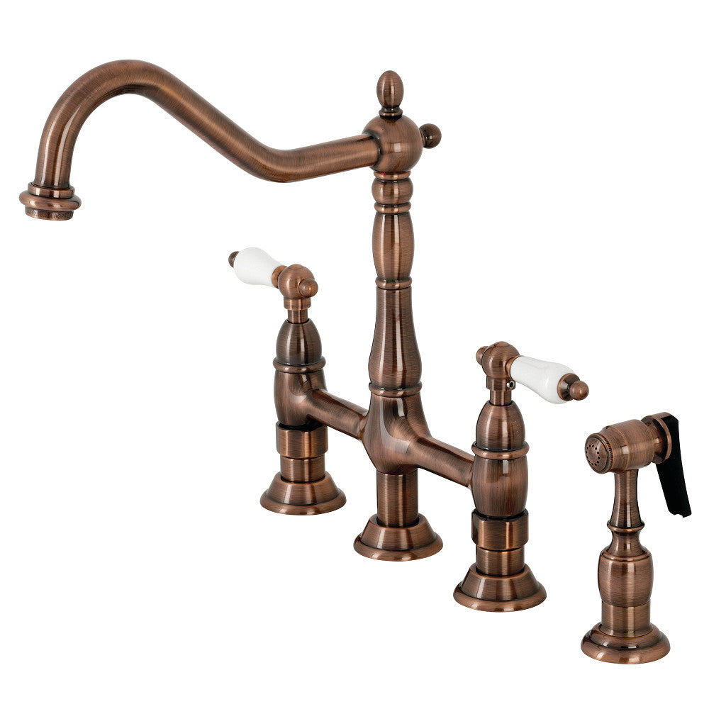 Kingston Brass KS127PLBSAC Heritage Bridge Kitchen Faucet with Brass Sprayer, Antique Copper - BNGBath