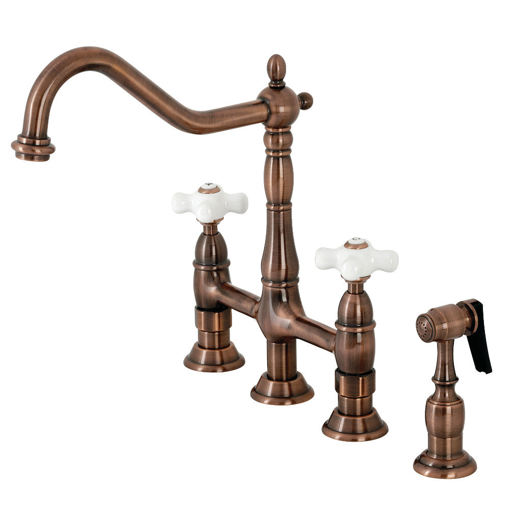 Kingston Brass KS127PXBSAC Heritage Bridge Kitchen Faucet with Brass Sprayer, Antique Copper - BNGBath