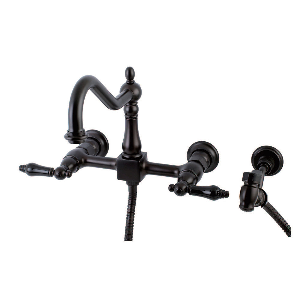 Kingston Brass KS1245PKLBS Duchess Two-Handle Wall Mount Bridge Kitchen Faucet with Brass Sprayer, Oil Rubbed Bronze - BNGBath