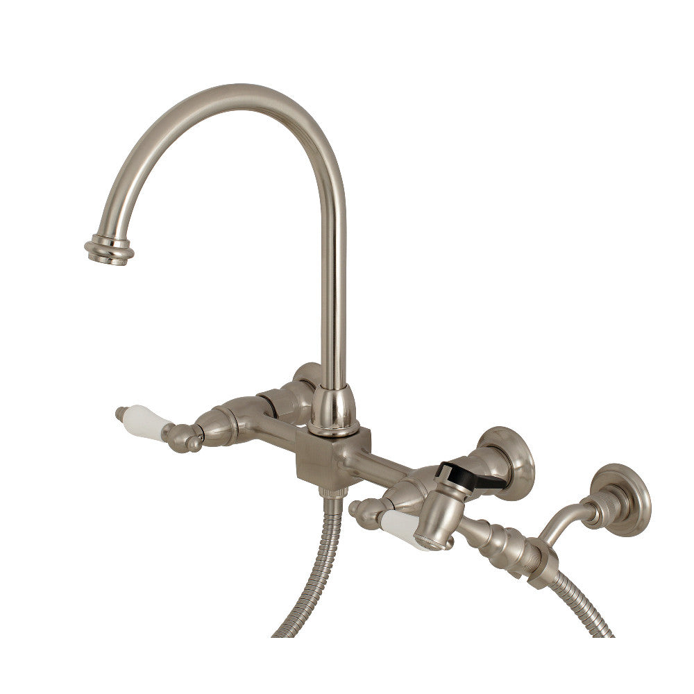 Kingston Brass KS1298PLBS Restoration Wall Mount Bridge Kitchen Faucet with Brass Sprayer, Brushed Nickel - BNGBath