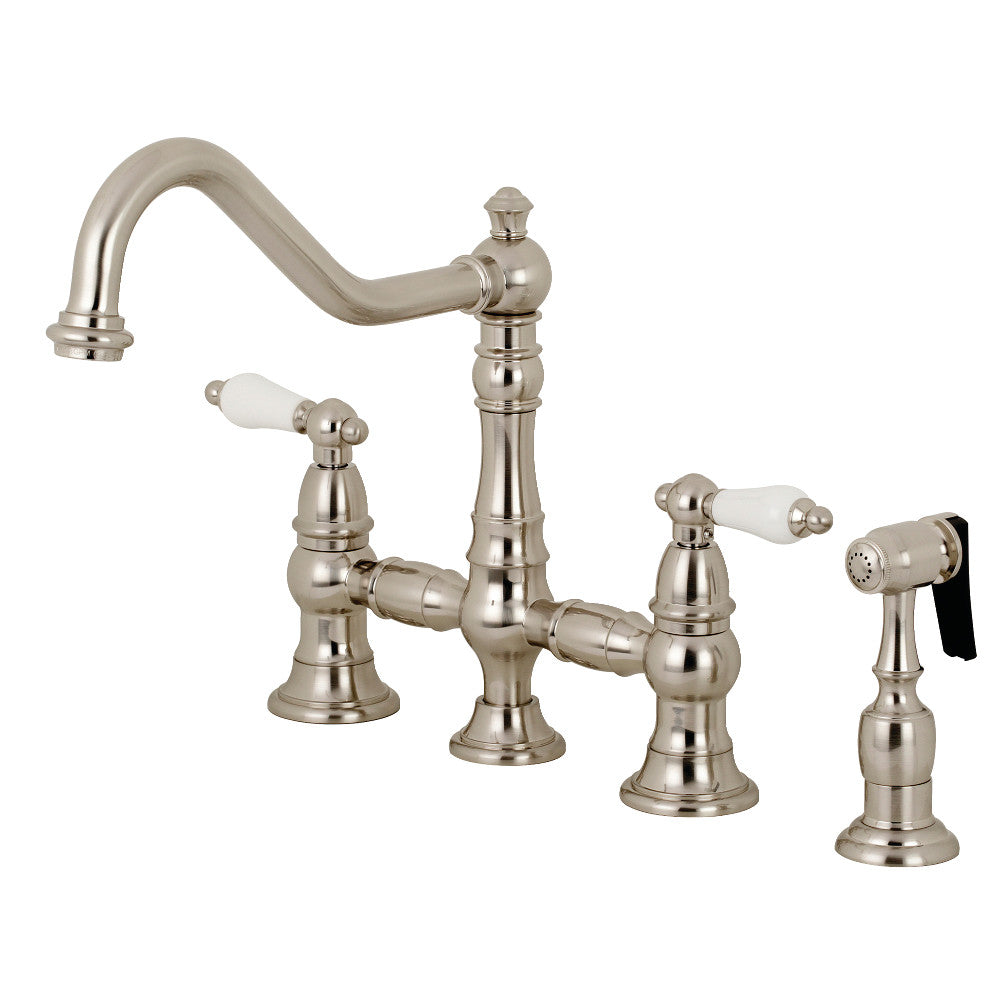 Kingston Brass KS3278PLBS Restoration 8" Bridge Kitchen Faucet with Sprayer, Brushed Nickel - BNGBath