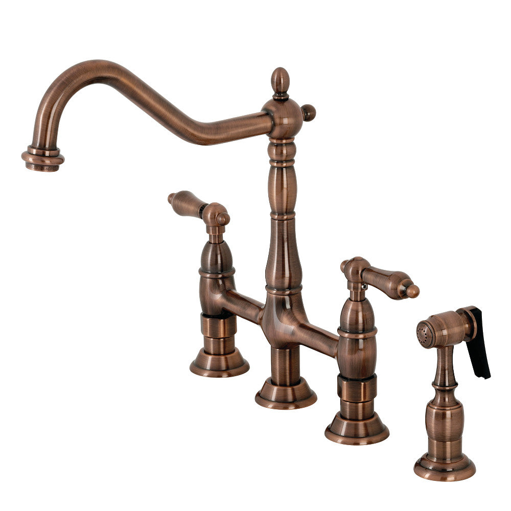 Kingston Brass KS127ALBSAC Heritage Bridge Kitchen Faucet with Brass Sprayer, Antique Copper - BNGBath