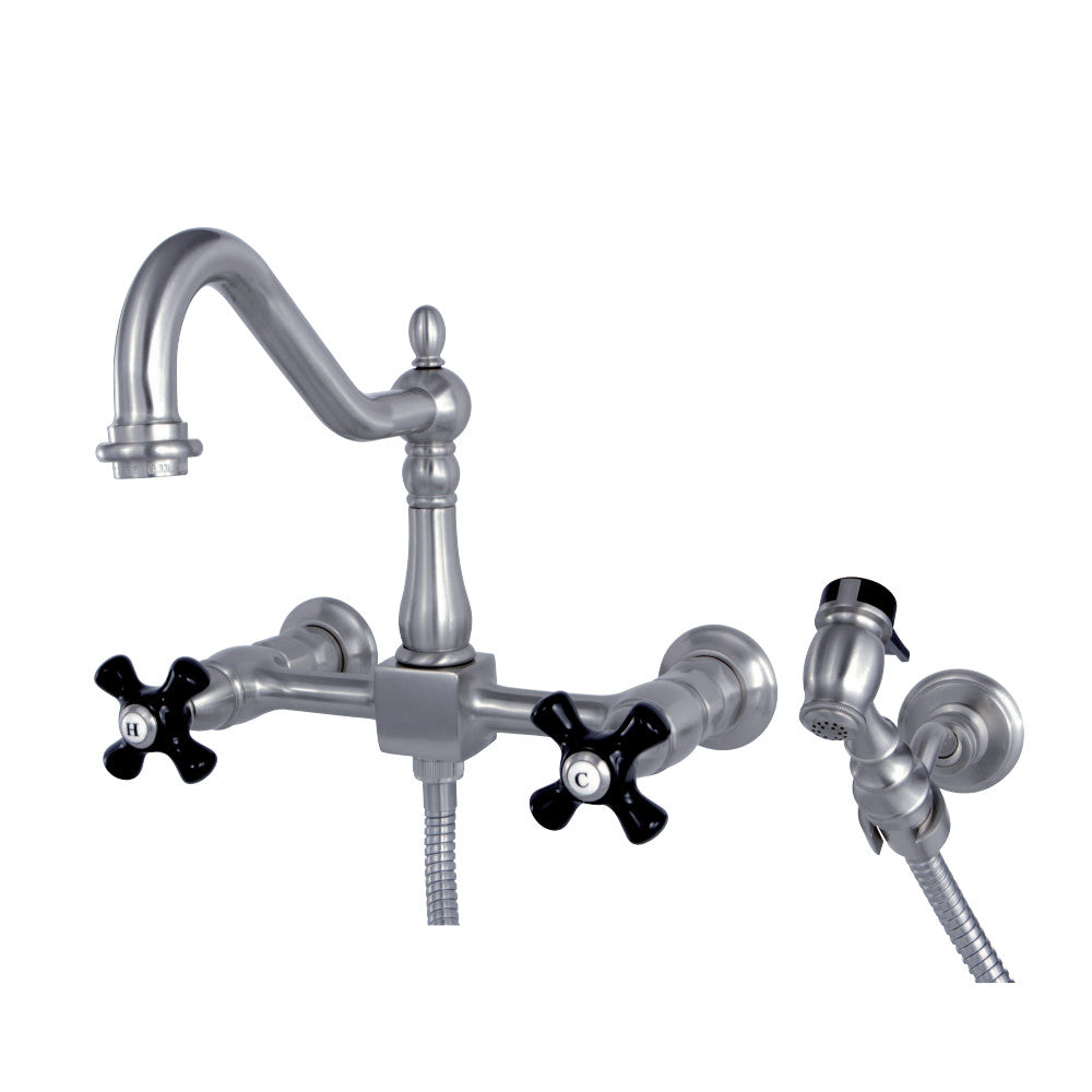 Kingston Brass KS1248PKXBS Duchess Wall Mount Bridge Kitchen Faucet with Brass Sprayer, Brushed Nickel - BNGBath