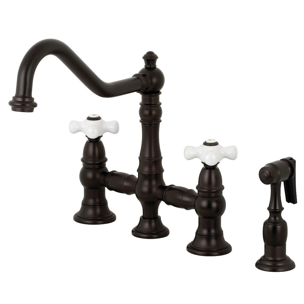 Kingston Brass KS3275PXBS Restoration 8" Bridge Kitchen Faucet with Sprayer, Oil Rubbed Bronze - BNGBath