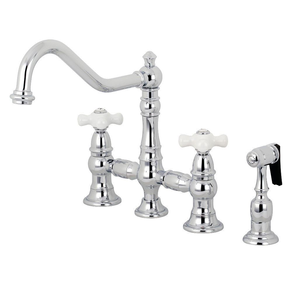 Kingston Brass KS3271PXBS Restoration 8" Bridge Kitchen Faucet with Sprayer, Polished Chrome - BNGBath