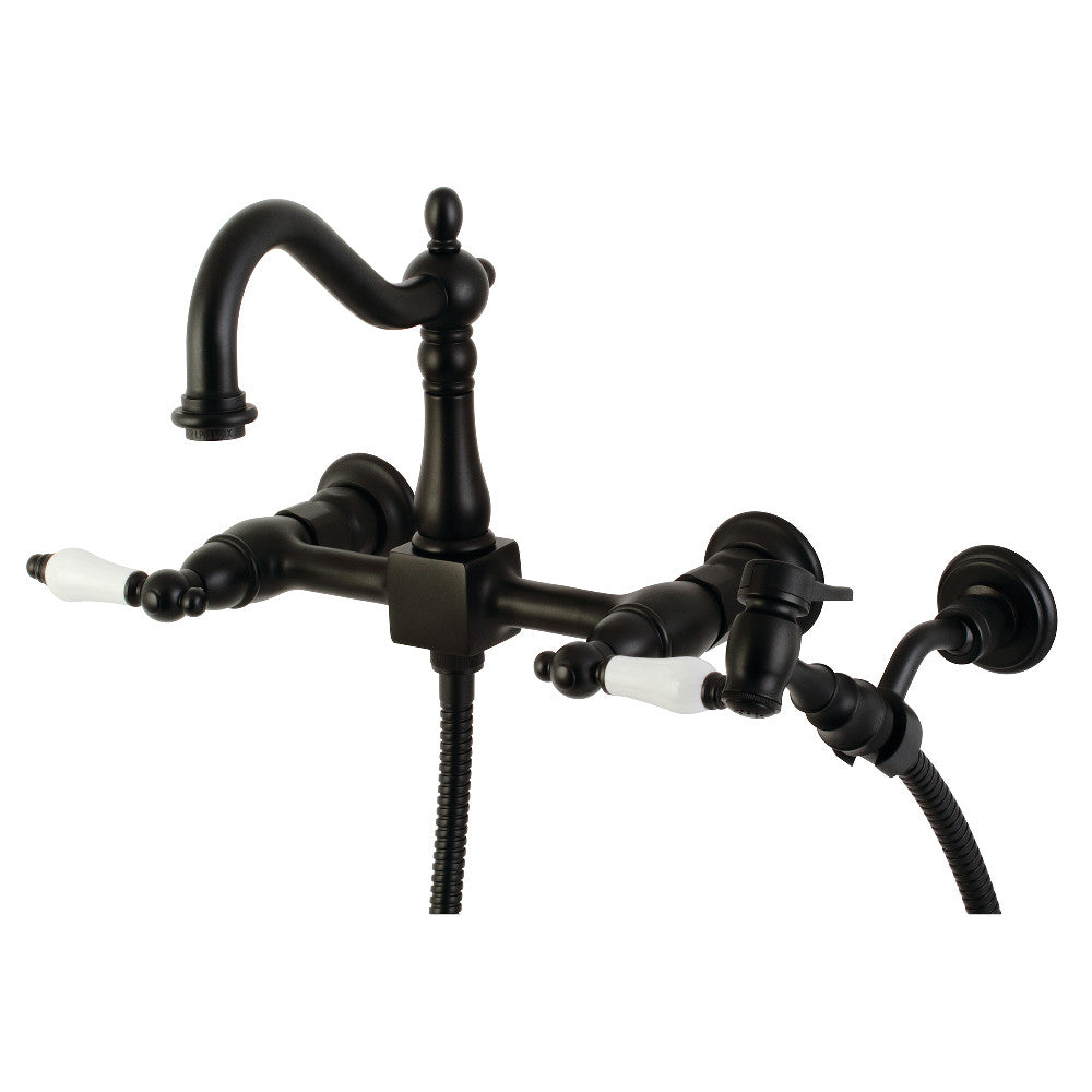 Kingston Brass KS1260PLBS Heritage Wall Mount Bridge Kitchen Faucet with Brass Sprayer, Matte Black - BNGBath