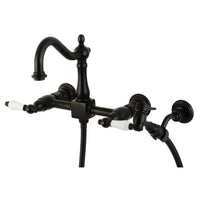 Thumbnail for Kingston Brass KS1260PLBS Heritage Wall Mount Bridge Kitchen Faucet with Brass Sprayer, Matte Black - BNGBath