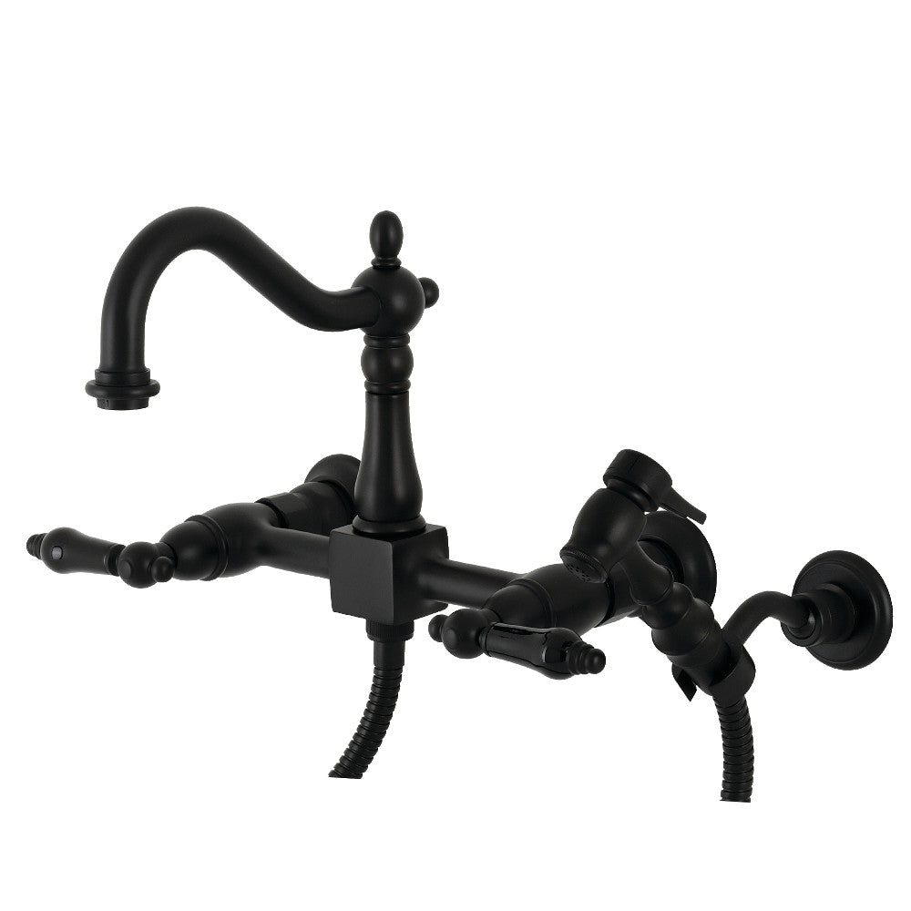 Kingston Brass KS1260PKLBS Duchess Wall Mount Bridge Kitchen Faucet with Brass Sprayer, Matte Black - BNGBath