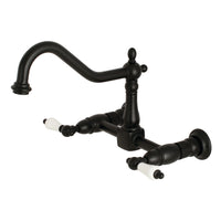 Thumbnail for Kingston Brass KS1240PL Heritage Two-Handle Wall Mount Bridge Kitchen Faucet, Matte Black - BNGBath