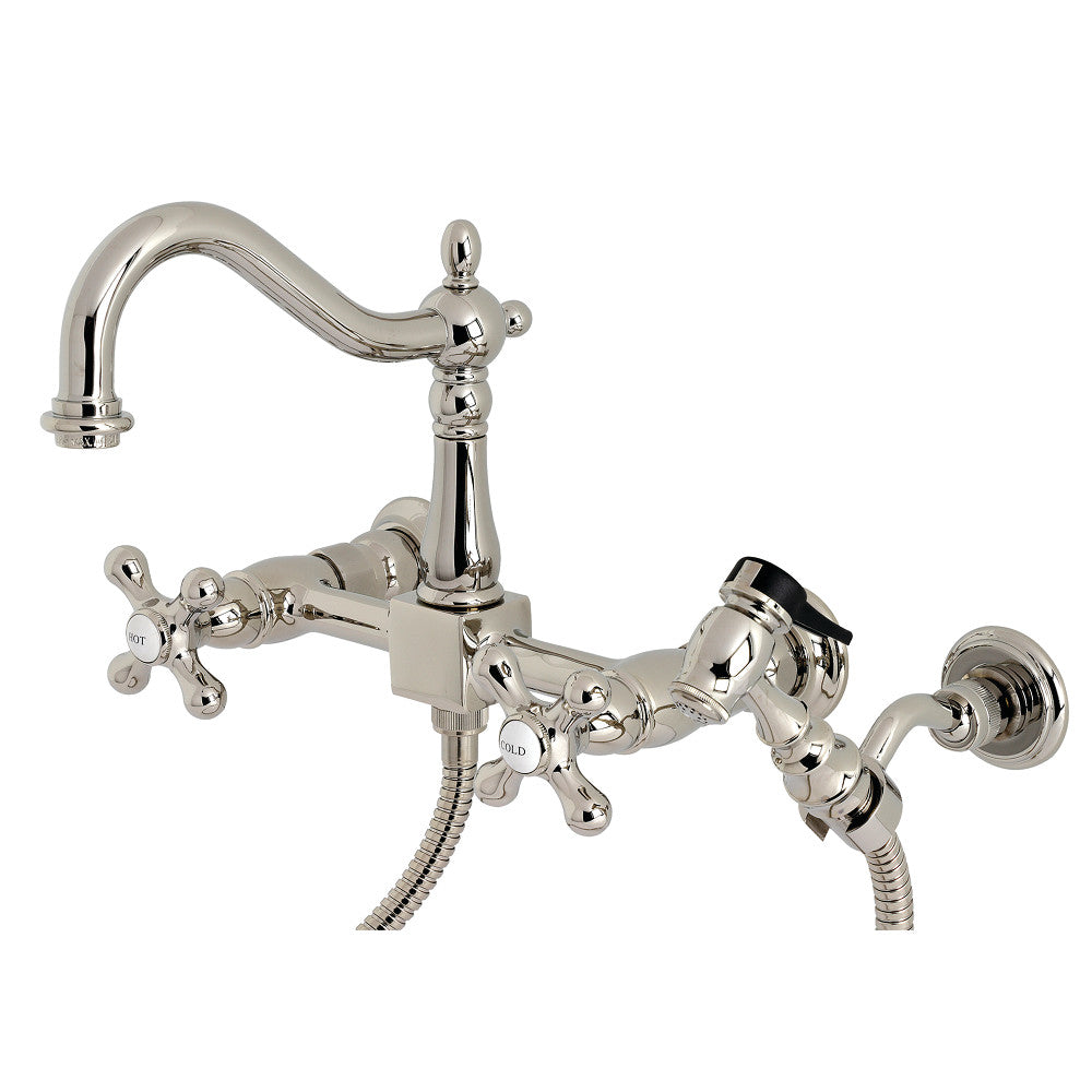 Kingston Brass KS1266AXBS Heritage Wall Mount Bridge Kitchen Faucet with Brass Sprayer, Polished Nickel - BNGBath