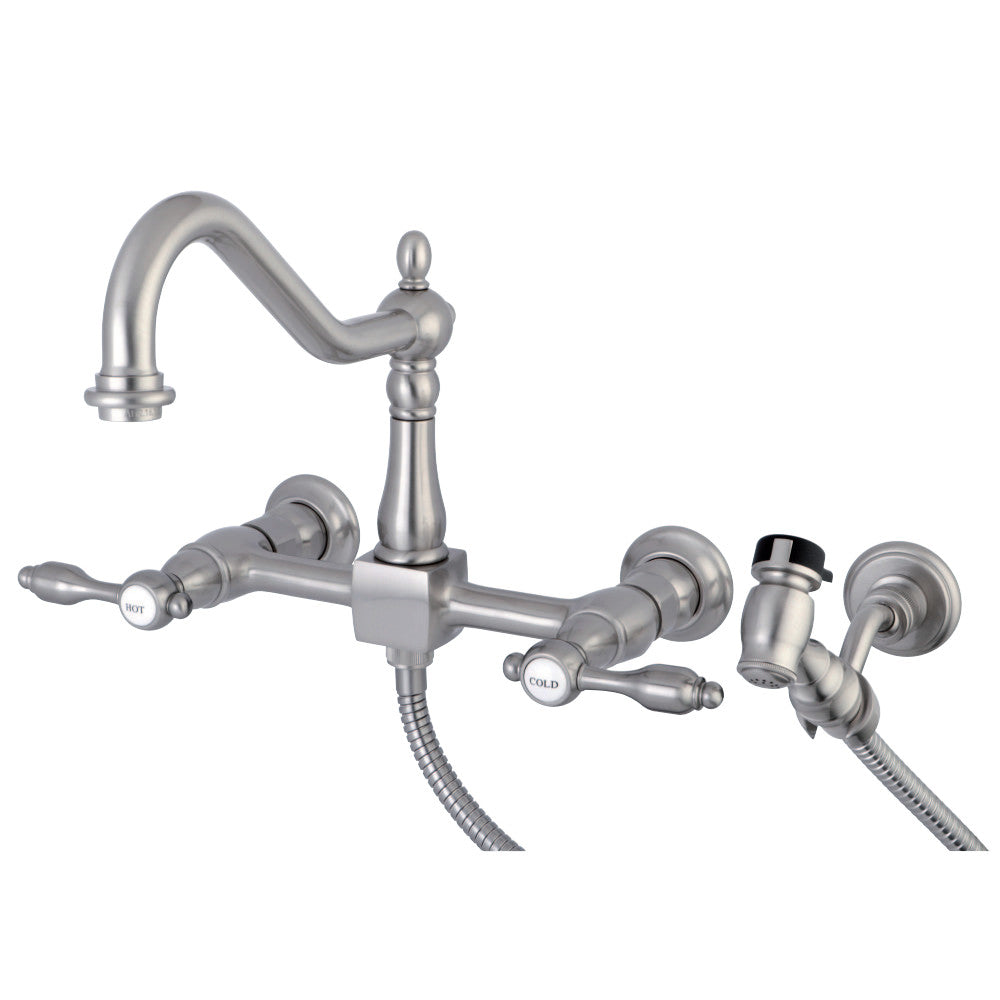 Kingston Brass KS1248TALBS Tudor Wall Mount Bridge Kitchen Faucet with Brass Sprayer, Brushed Nickel - BNGBath