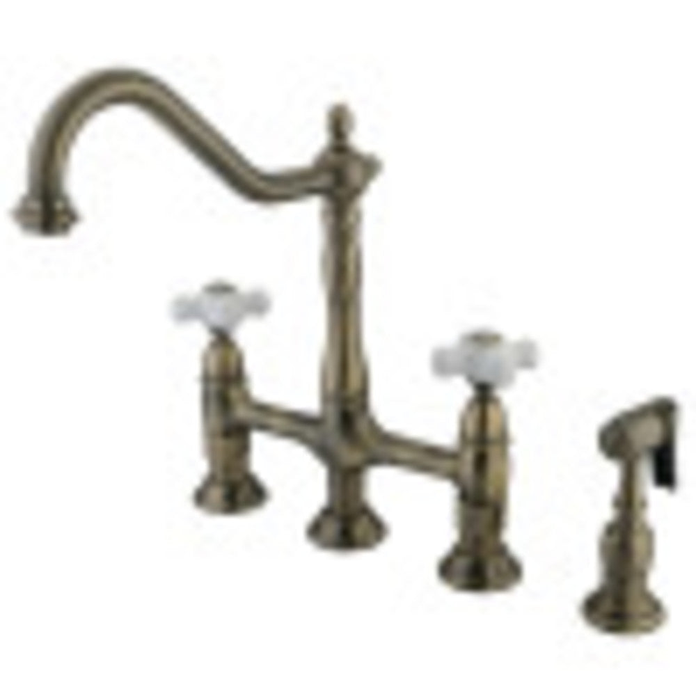 Kingston Brass KS1273PXBS Heritage Bridge Kitchen Faucet with Brass Sprayer, Antique Brass - BNGBath