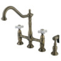 Thumbnail for Kingston Brass KS1273PXBS Heritage Bridge Kitchen Faucet with Brass Sprayer, Antique Brass - BNGBath