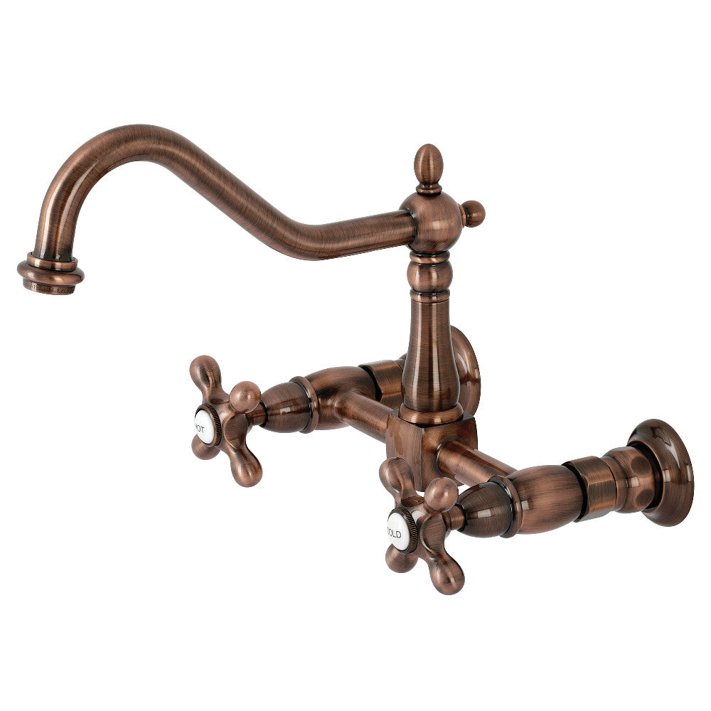 Kingston Brass KS124AXAC Heritage Two-Handle Wall Mount Bridge Kitchen Faucet, Antique Copper - BNGBath