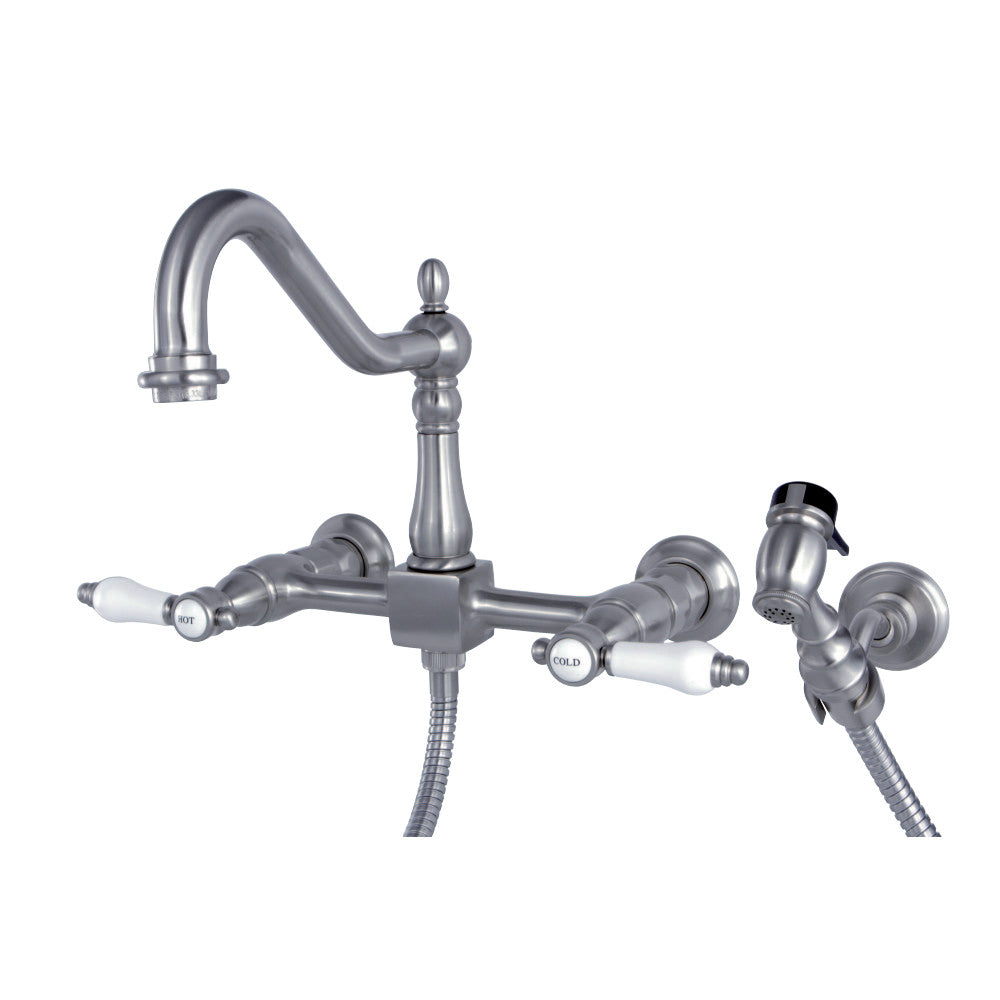 Kingston Brass KS1248BPLBS Bel-Air Wall Mount Bridge Kitchen Faucet with Brass Sprayer, Brushed Nickel - BNGBath