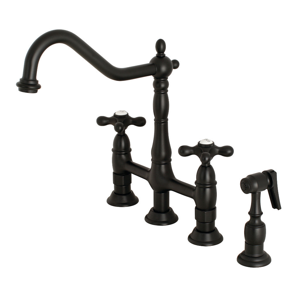 Kingston Brass KS1270AXBS Heritage Bridge Kitchen Faucet with Brass Sprayer, Matte Black - BNGBath