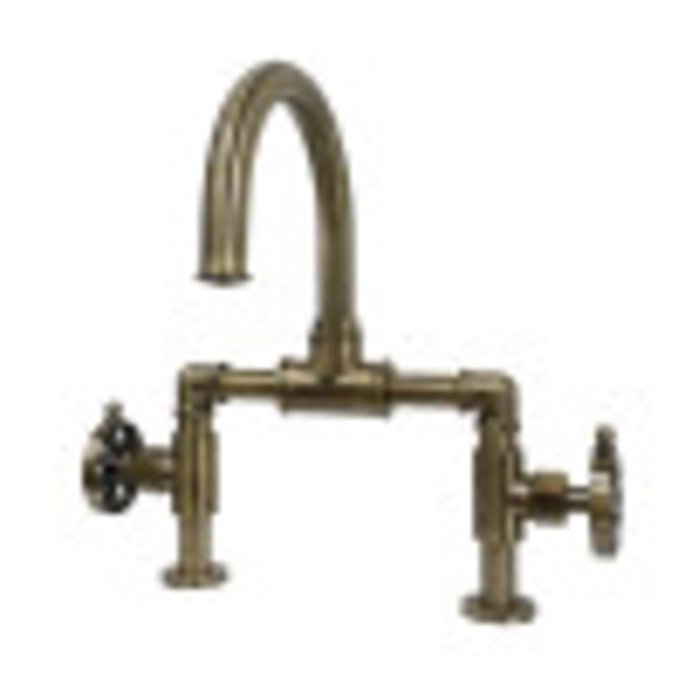 Kingston Brass KS2173RX Belknap Industrial Style Wheel Handle Bridge Bathroom Faucet with Pop-Up Drain, Antique Brass - BNGBath